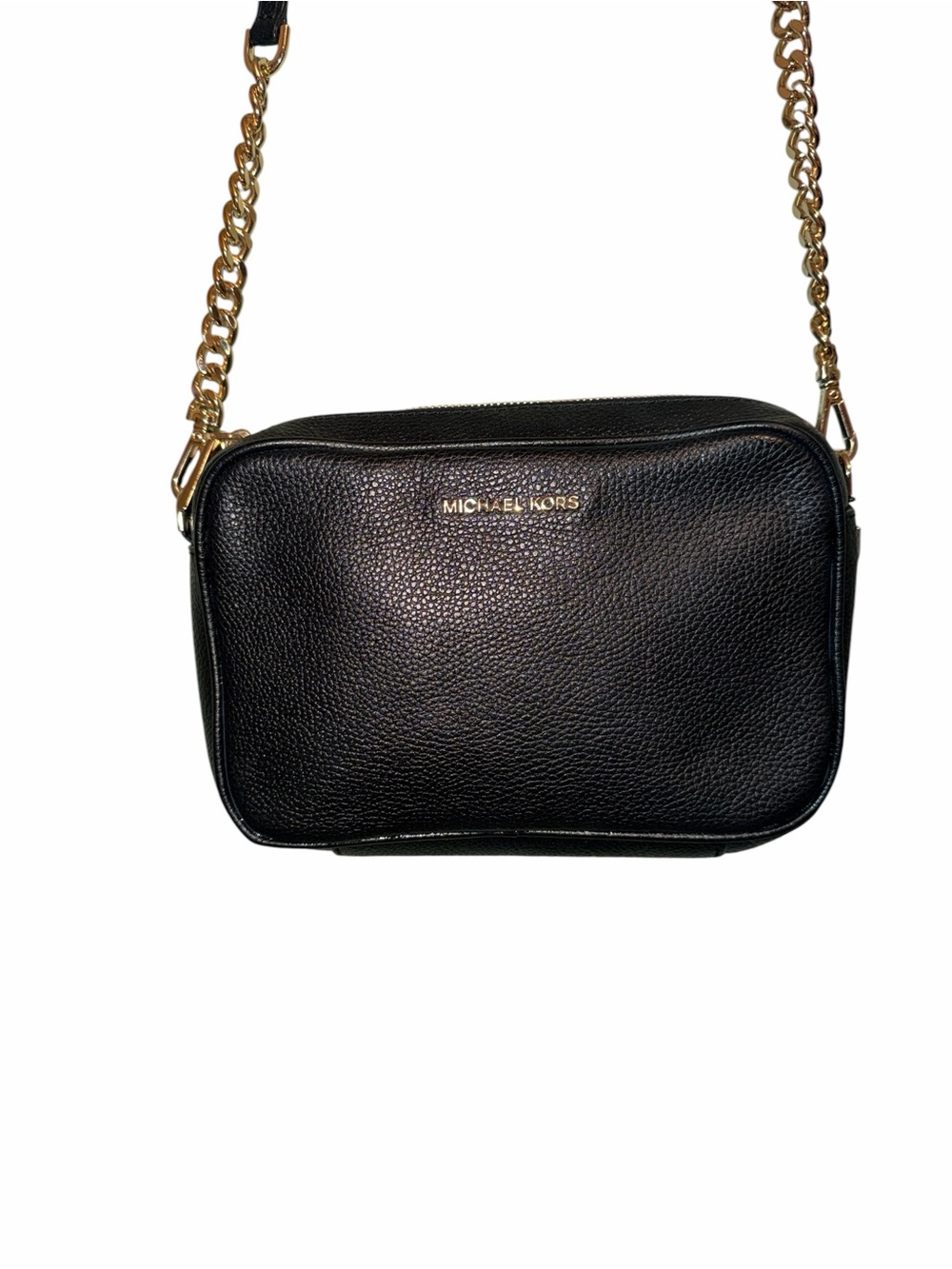Michael Kors Jet Set Medium Black Leather Camera Crossbody Bag Gold Hardware